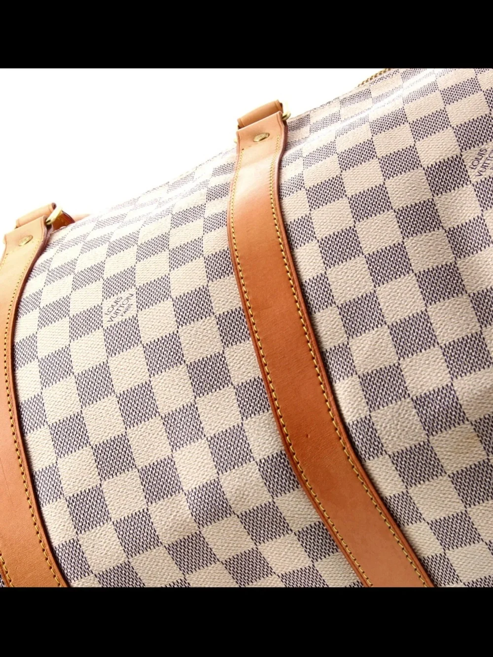 Louis Vuitton White Checkered Keepall 55 Travel Bag with Tan Leather Trim - Picture 6 of 8